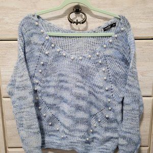 Blue and white marbled sweater with dainty faux pearls